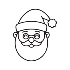 Happy Santa Claus face icon. Cute smiling Christmas character wearing a hat with a pom-pom. Simple black and white line art vector illustration for the winter holidays.
