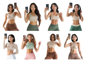 PNG Diverse women taking fitness selfies, element set on transparent background