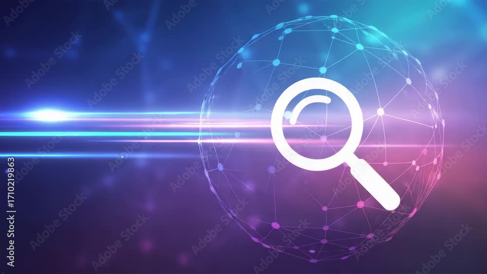 Poster dynamic digital network sphere with glowing search magnifying glass symbolizes data exploration, inn