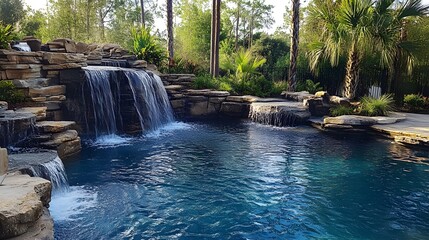 Serene backyard oasis featuring a stunning waterfall cascading into a tranquil swimming pool
