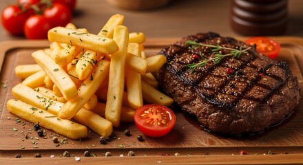 Delicious Steak and French Fries on Wooden Board.