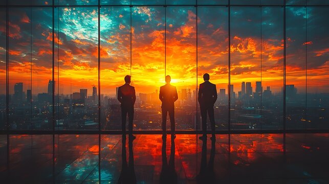 Silhouettes of three businessmen standing in a modern office looking out at a vibrant city skyline during a dramatic sunset