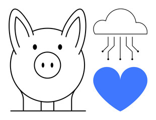 Minimalist piggy bank beside cloud with circuit lines and a blue heart. Ideal for finance, technology, savings, innovation, compassion, digital transformation, simple landing page
