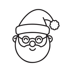 Happy Santa Claus face icon. Cute smiling Christmas character wearing a hat with a pom-pom. Simple black and white line art vector illustration for the winter holidays.
