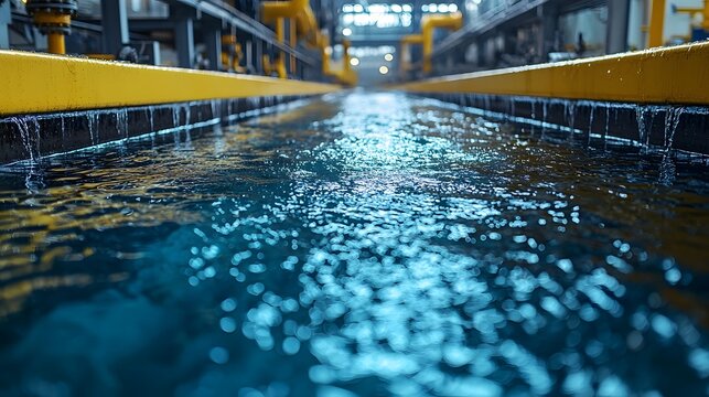 Clear blue water flows through an industrial purification channel reflecting light and yellow structures