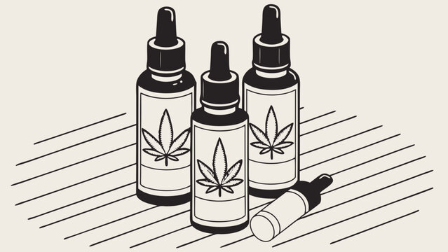 Three cannabis oil bottles with dropper tops and marijuana leaf labels on a striped surface.