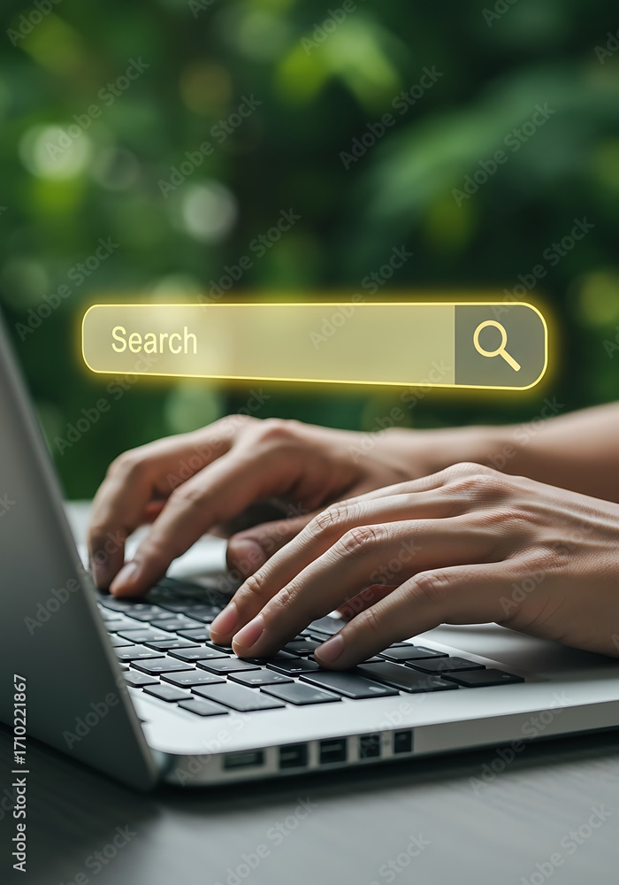 Poster hands typing on a laptop with a search bar overlayed on the image.