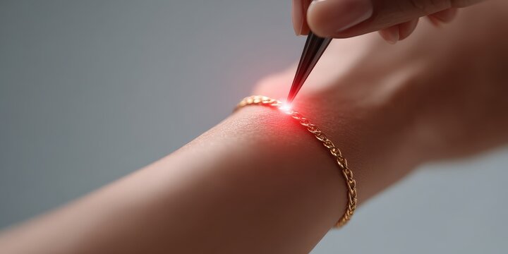 Permanent Jewelry Precision Laser Welding Close-up on Bracelet with High-End Studio Lighting and Spark Focus
