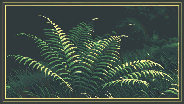 Tropical Fern Illustration Lush Greenery Dark Background Botanical Art Nature Print Green Leaves Foliage Jungle Plants Vector Graphic Floral Design Exotic Plants Summer Vibes Wallpape.