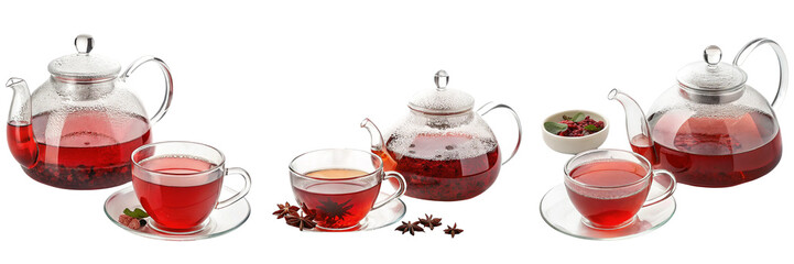 Set of A clear glass teapot filled with red tea, alongside a cup of hot herbal tea isolated on a transparent background