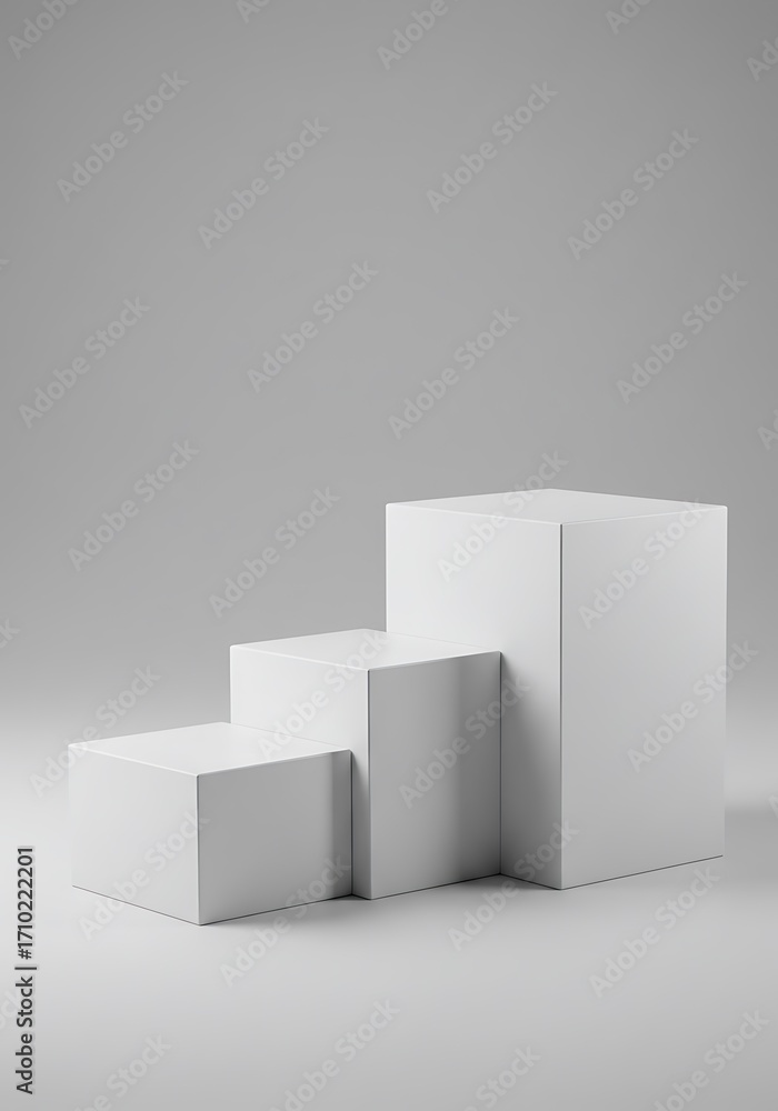 Poster three white geometric cubes arranged in a stair-step formation on a minimalist light background, cre