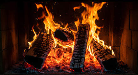 Cozy fireplace crackling with warm glowing embers and vibrant dancing flames, inviting comfort