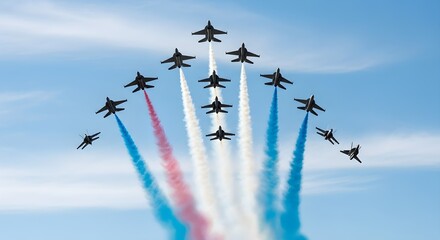 Fighter jets in formation flying trailing colorful smoke against a blue sky