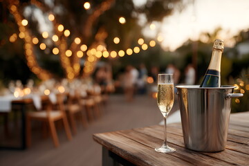 Champagne bottle in silver bucket with glass on wooden table at party, layout with copy space  