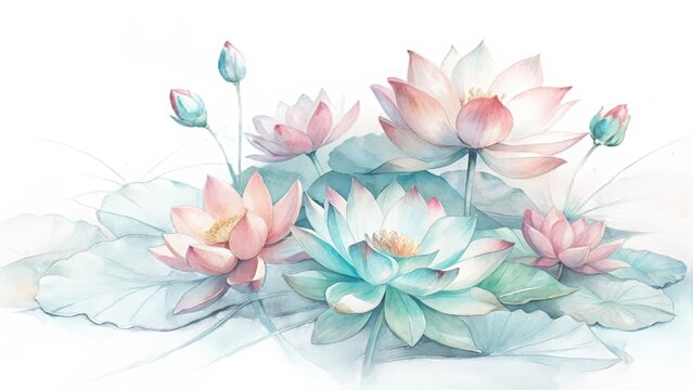 Serene watercolor lotus flowers bloom gently with delicate pastel hues and lush green leaves