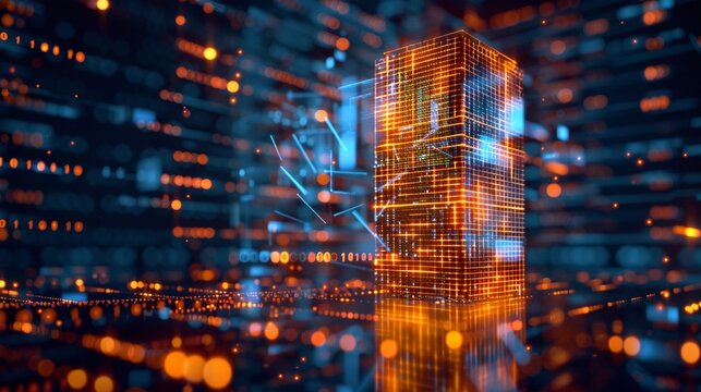 A glowing orange and blue digital server tower processes data streams in a futuristic cyberspace.