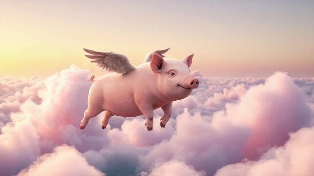 Flying pig soaring above fluffy clouds at sunset