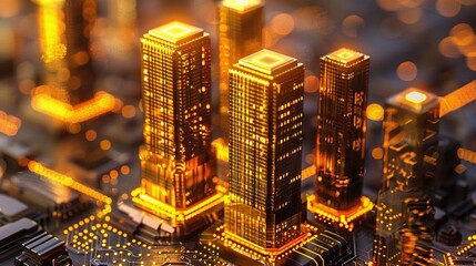 Futuristic cityscape concept featuring glowing golden skyscrapers built on a circuit board.