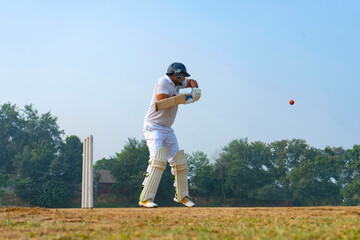 A cricketer in full gear stands ready to bat on a grassy field under a clear sky, showcasing focus and readiness