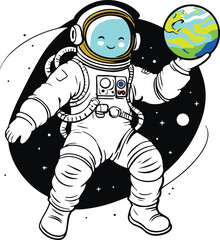 Outline vector of astronaut floating in space holding small planet, playful minimal style.
