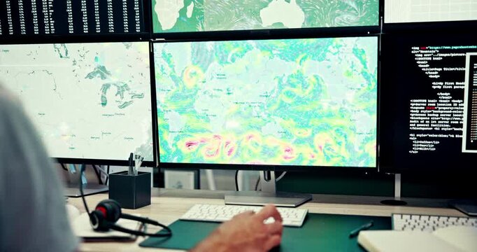 Computer screen, hand and weather with man in office to monitor climate, geology or meteorology. Display, satellite and search with person in air traffic control room of airport for forecasting