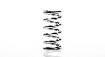 A polished metal coil spring stands tall against a plain white background.