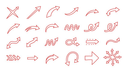 Set of red handdrawn arrow icons isolated on white background