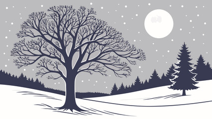 Winter Night Landscape Snowy Scene Trees Silhouette Moonlit Forest Cold Weather Illustration Holiday Card Design Winter Wonderland Background Christmas Graphic Frozen Nature Seasons Gree.