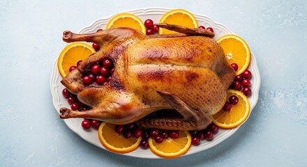 Roasted Duck with Cranberries and Orange Slices.