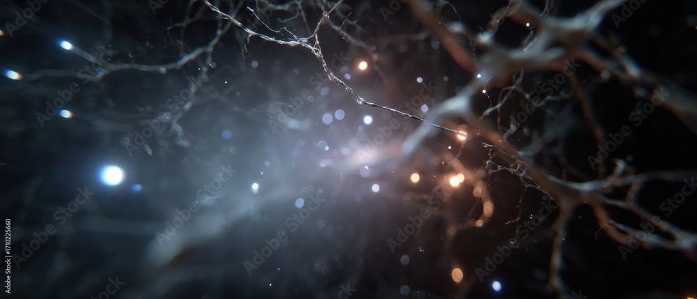 Poster abstract neural network with glowing nodes and connections, representing artificial intelligence, ma