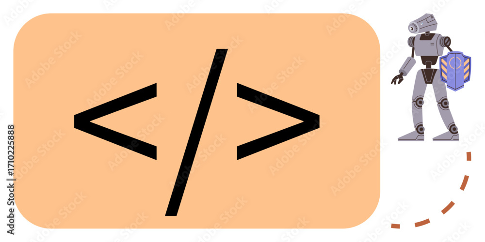 Poster coding bracket on a peach background with a robot holding a shield-thumbs up laptop. ideal for progr