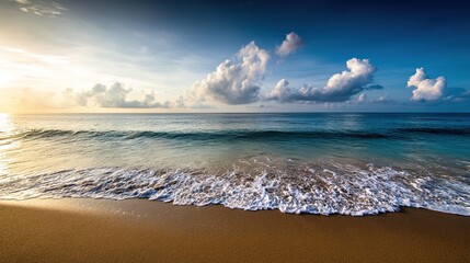 At a sunset beach, tranquil waves gently lap the soft sand, wrapping the space in an atmosphere of calmness and relaxation that captures the peaceful essence of coastal dusk.