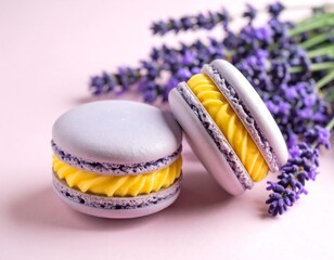 Lavender macarons on a pink surface