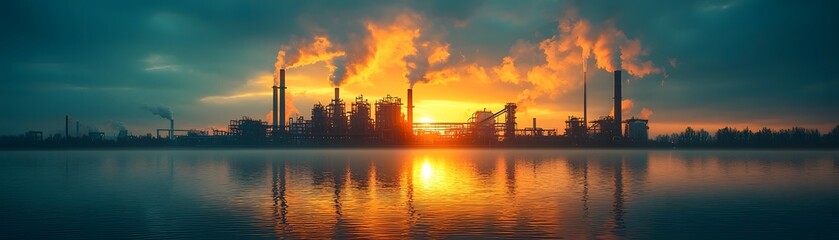 Obraz premium Industrial factory complex emitting smoke at sunset with reflections on water