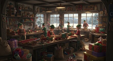 Santas Workshop - Elves Crafting Toys in a Cozy Interior.