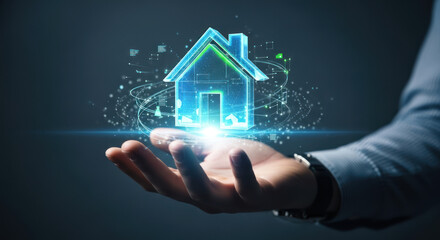 A businessman's hand holds a glowing holographic house icon, symbolizing smart home technology, future real estate, and property innovation.