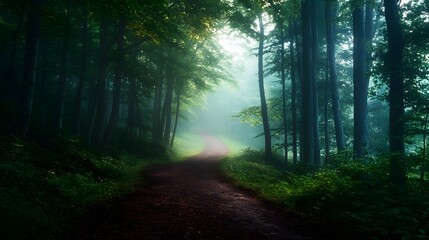 Naklejka premium Serene forest path winding through lush greenery, with mist softly enveloping trees at dawn