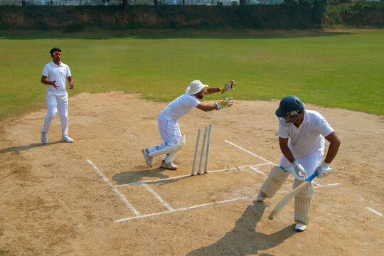A wicketkeeper appeals for a decision while a batsman defends the wicket, set on a cricket field with a clear sky