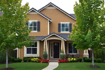Beautiful brown house with green lawn and trees