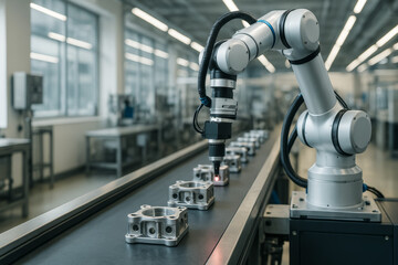 Robotic arm inspecting metal parts on a production line