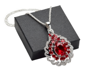 Elegant Red Ruby Teardrop Pendant Necklace on Black Box