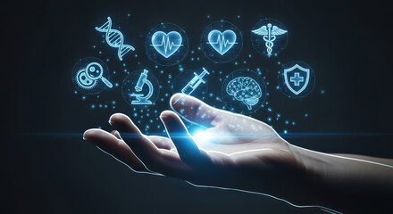 A hand reaching towards glowing medical icons, representing healthcare and scientific advancements.