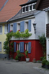 Casa tradizionale europea con persiane blu, facciata rossa e gialla, piante rampicanti e lanterne antiche in un borgo caratteristico