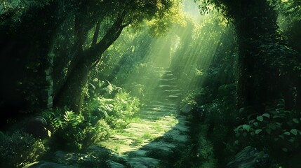 Serene forest pathway illuminated by sunlight filtering through lush greenery and foliage