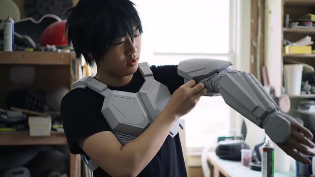 A young Asian man in a black shirt holds and examines a futuristic 3D printed robotic arm in a workshop or makerspace with various tools and equipment in the background,