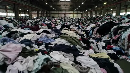 Inside a recycling facility, a massive pile of used clothes illustrates the problem of textile pollution and waste - Powered by Adobe