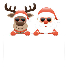 Rentier Und Weihnachtsmann Sonnenbrille Halten Schild Helles Rot