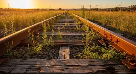 Sunset over abandoned railway tracks with wildflowers and tall grass.