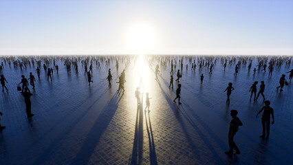 3d illustration of a sparse crowd of people in an open space under a clear sky.