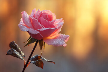 A Stunning Close-Up Shot of a Pink Rose Covered in Dewdrops with a Soft Bokeh Background